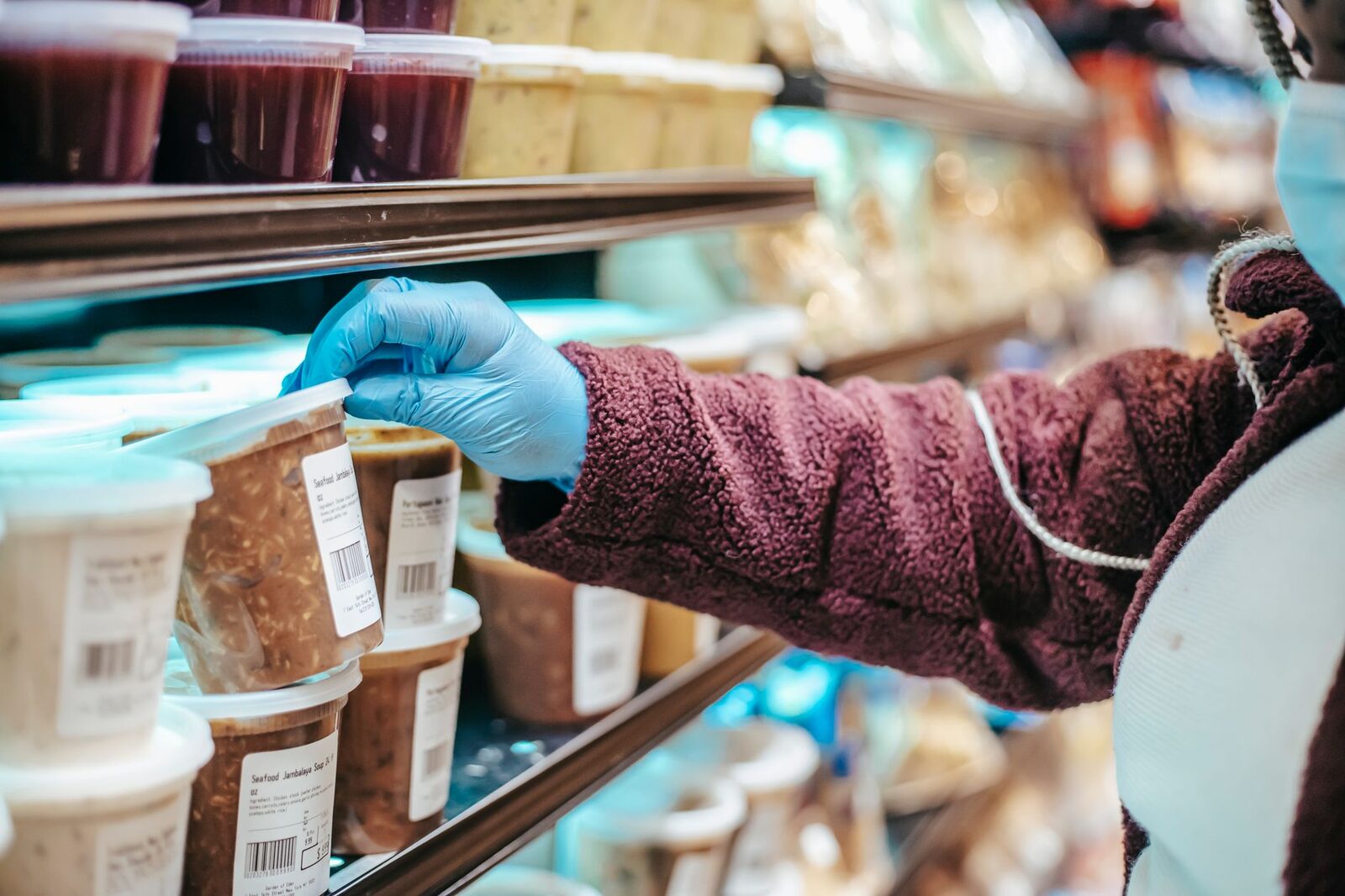 Grocery store shelf with packaged food products