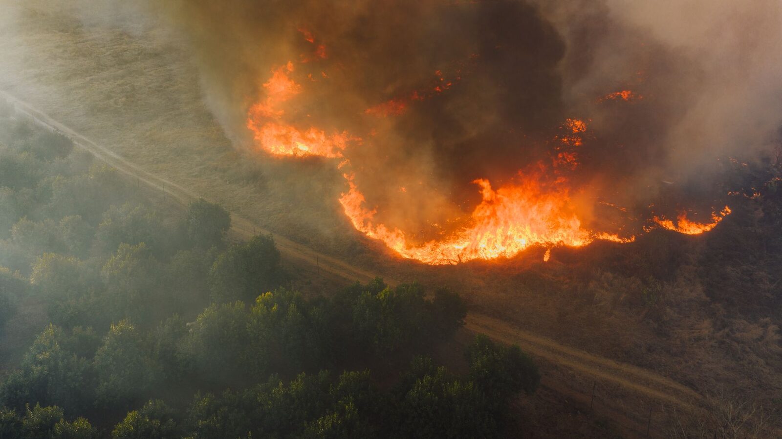 Wildfire burns across sagebrush and grassland with smoke rising across the Pacific Northwest landscape.