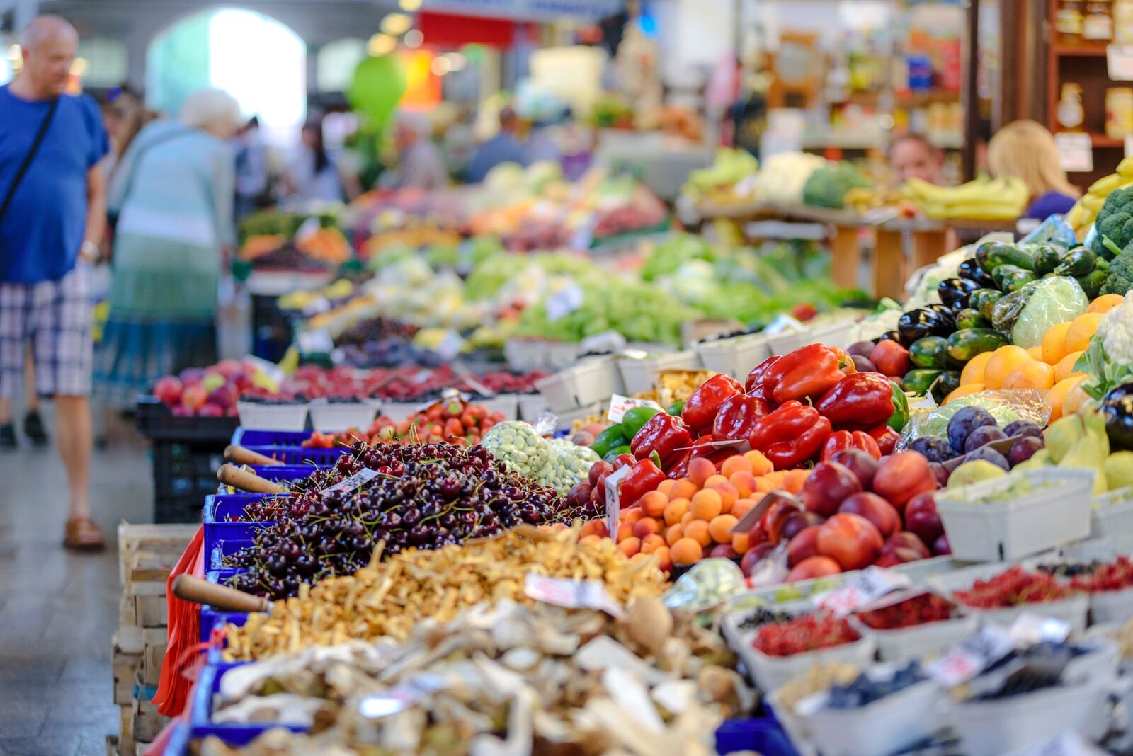 Farmers market shoppers browsing fresh produce from local growers